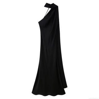 Elegant Solid Black Satin Halter Backless Maxi Dress For Women Sleeveless Evening Party Side Slit Woven Long Dress