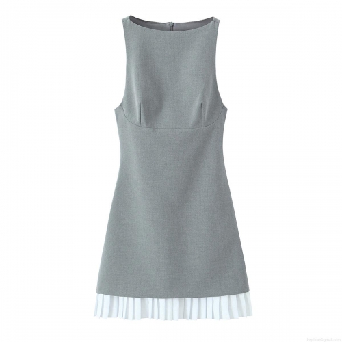 Women's Sleeveless Mini Dress Polyester Stitched Pleated Hem Slim Fit Pullover Dress for Summer Daily Party Elegant Lady Style