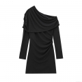 Women's Asymmetric Single Shoulder Long Sleeve Mini Dress Elegant Ruched Bodycon Party Clubwear Solid Color Polyester Knitted Cocktail Evening Gown