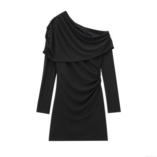 Women's Asymmetric Single Shoulder Long Sleeve Mini Dress Elegant Ruched Bodycon Party Clubwear Solid Color Polyester Knitted Cocktail Evening Gown