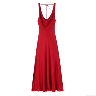 Women's Elegant Red Satin Maxi Dress Cowl Neck Spaghetti Strap Tie Back Sexy Long Slip Dress For Evening Party Wedding Guest Formal Gala Socialite