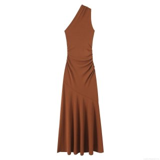Women's One Shoulder Ruched Maxi Dress Elegant Slim Fit Asymmetrical Hem Solid Color Jersey Bodycon Long Dress For Party Club Night