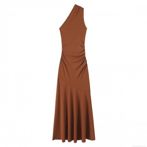 Women's One Shoulder Ruched Maxi Dress Elegant Slim Fit Asymmetrical Hem Solid Color Jersey Bodycon Long Dress For Party Club Night