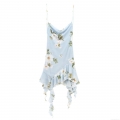 Women's Light Blue Floral Print Cowl Neck Mesh Mini Dress Sexy Spaghetti Strap Asymmetrical Ruffle Hem Summer Vacation Beach Party Sleeveless Short Dress