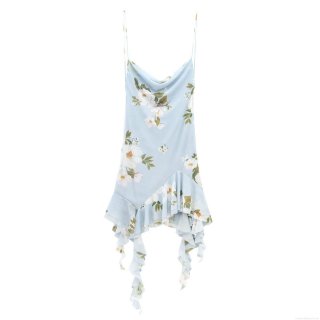 Women's Light Blue Floral Print Cowl Neck Mesh Mini Dress Sexy Spaghetti Strap Asymmetrical Ruffle Hem Summer Vacation Beach Party Sleeveless Short Dress