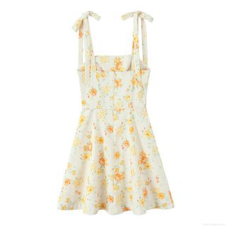 Women Summer Floral Print Cami Mini Dress Polyester Bow Tie Shoulder Straps Back Zipper Square Neck A-Line Sundress For Vacation Party Casual Wear