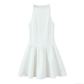 Elegant White Halter Neck Sleeveless Mini Dress With Button Decoration And Pleated Hem Summer Polyester Short Party Dress For Women