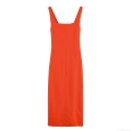 Women's Elegant Orange Red Backless Midi Dress Square Neck Sleeveless Tie Back Split Slim Fit Evening Party Dress For Women