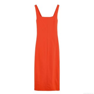 Women's Elegant Orange Red Backless Midi Dress Square Neck Sleeveless Tie Back Split Slim Fit Evening Party Dress For Women