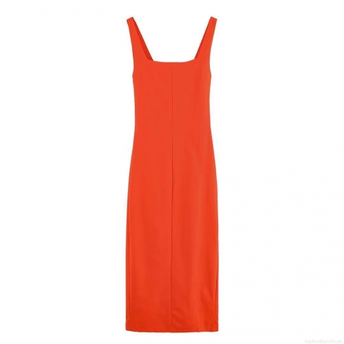 Women's Elegant Orange Red Backless Midi Dress Square Neck Sleeveless Tie Back Split Slim Fit Evening Party Dress For Women
