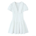Elegant White V Neck Mini Dress For Women Featuring Puff Sleeves And Lace Trim Summer Short Sleeve Polyester Poplin Flare Skater Dress For Party Casual