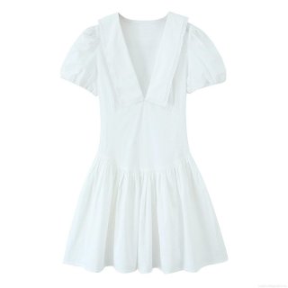 Elegant White V Neck Mini Dress For Women Featuring Puff Sleeves And Lace Trim Summer Short Sleeve Polyester Poplin Flare Skater Dress For Party Casual