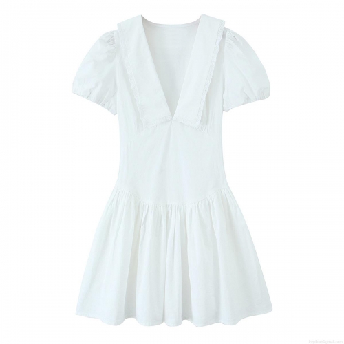 Elegant White V Neck Mini Dress For Women Featuring Puff Sleeves And Lace Trim Summer Short Sleeve Polyester Poplin Flare Skater Dress For Party Casual