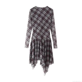 Elegant Plaid Mesh Long Sleeve Midi Dress With Asymmetrical Ruched Hem Round Neck Slim Fit Bodycon Dress For Women Party Daily Wear