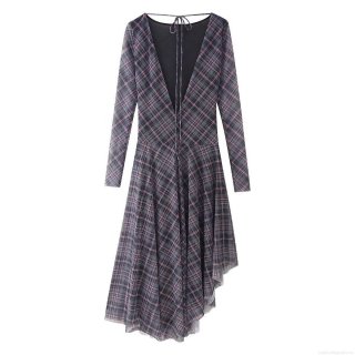 Elegant Plaid Mesh Ruched Midi Dress For Women Long Sleeve V-Neck Back Tie Asymmetric Hem Vintage Socialite Style Evening Party Polyester Dress