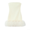 Women's Elegant Sexy Tube Top Mini Dress Mesh Ruffled Feather Hem Socialite Style Party Evening Strapless Short Dress Off-White
