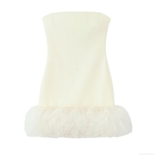 Women's Elegant Sexy Tube Top Mini Dress Mesh Ruffled Feather Hem Socialite Style Party Evening Strapless Short Dress Off-White