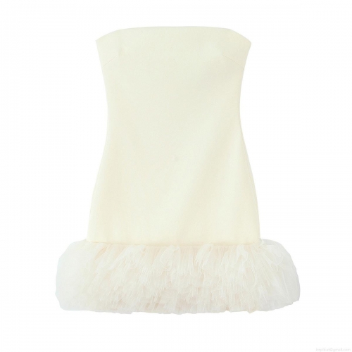 Women's Elegant Sexy Tube Top Mini Dress Mesh Ruffled Feather Hem Socialite Style Party Evening Strapless Short Dress Off-White