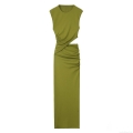 Women's Elegant Olive Green Sleeveless Round Neck Maxi Dress Hollow Out Waist Ruched Side Bodycon Polyester Spandex Knit Long Dress Summer Vacation Beach Party