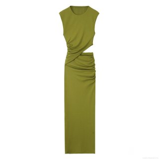 Women's Elegant Olive Green Sleeveless Round Neck Maxi Dress Hollow Out Waist Ruched Side Bodycon Polyester Spandex Knit Long Dress Summer Vacation Beach Party