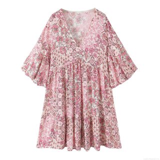Women's V Neck Floral Print Mini Dress Flare Sleeve Tiered Bohemian Summer Beach Dress Elegant Party Short Dress