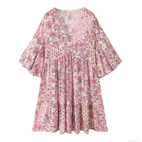Women's V Neck Floral Print Mini Dress Flare Sleeve Tiered Bohemian Summer Beach Dress Elegant Party Short Dress