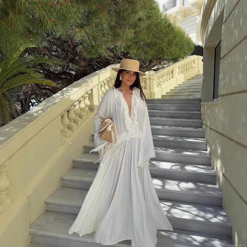 Women's Elegant V-Neck Ruffle Maxi Dress Polyester Long Flare Sleeve Drawstring Waist Boho Vacation Solid White Long Dress For Women Lady Party