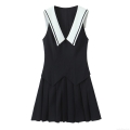 Women Japanese School Style Sailor Collar Sleeveless Pleated Mini Dress Navy Blue White Contrast Preppy Style Dress With Bow Tie