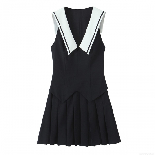 Women Japanese School Style Sailor Collar Sleeveless Pleated Mini Dress Navy Blue White Contrast Preppy Style Dress With Bow Tie