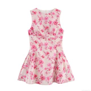 Women's Sleeveless Floral Print Midi Dress 100% Polyester Elegant A-Line Back Zipper Summer Casual Crew Neck Sundress for Women Holiday Party Fashion