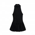 Women's Elegant Black Denim Sleeveless Mini Dress Stand Collar Back Zipper Pleated Ruffle Hem A-Line Balloon Silhouette Fashion Casual Party Dress