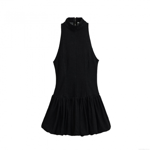 Women's Elegant Black Denim Sleeveless Mini Dress Stand Collar Back Zipper Pleated Ruffle Hem A-Line Balloon Silhouette Fashion Casual Party Dress