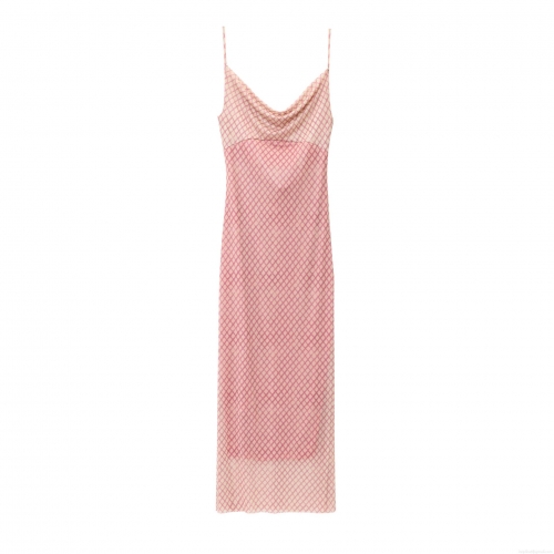 Women's Cowl Neck Mesh Maxi Dress Elegant Argyle Geometric Print Spaghetti Strap Backless Tie Side Bodycon Long Dress For Party Clubwear