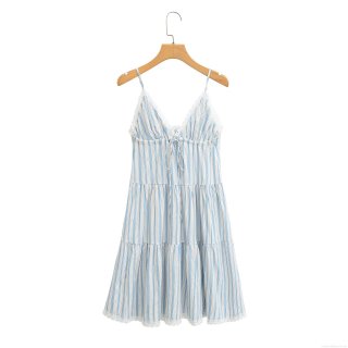 Women's Summer 100% Cotton Camisole Dress Blue White Striped Lace Trim Tiered Mini Dress V-Neck Bow Tie Vacation Sweet Elegant Sleeveless Sundress