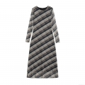 Women Elegant Plaid Mesh Maxi Dress Long Sleeve Round Neck Sheer Grid Printed Polyester Long Dress For Party Clubwear Socialite Style