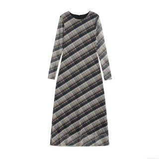 Women Elegant Plaid Mesh Maxi Dress Long Sleeve Round Neck Sheer Grid Printed Polyester Long Dress For Party Clubwear Socialite Style
