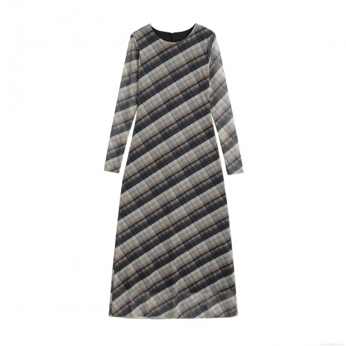 Women Elegant Plaid Mesh Maxi Dress Long Sleeve Round Neck Sheer Grid Printed Polyester Long Dress For Party Clubwear Socialite Style