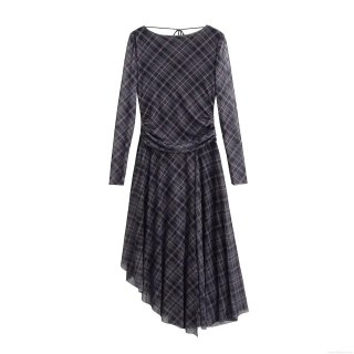 Elegant Women Plaid Long Sleeve Midi Dress Backless Lace Up Design Mesh Irregular Hem Ruched Pleated Dress For Party Evening Clubwear Sexy Socialite Style
