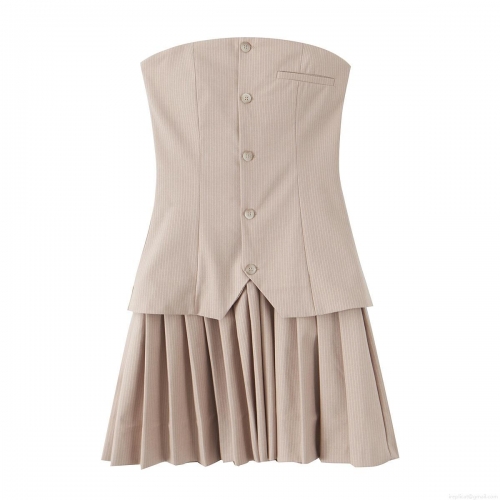 Women Fashion Khaki Pinstripe Strapless Mini Dress Button Front Slim Fit Pleated Skirt Sexy Elegant Sleeveless Dress For Party Dating Daily