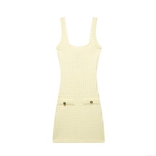 Women's Elegant Pale Yellow Waffle Knit Mini Dress Square Neck Spaghetti Strap Slim Fit Bodycon Dress with Decorative Gold Buttons Summer Party Wear