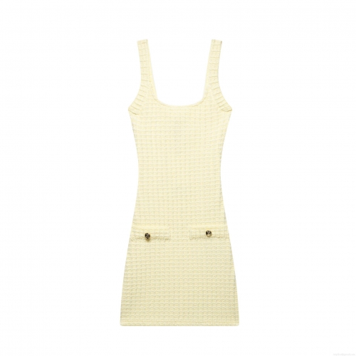 Women's Elegant Pale Yellow Waffle Knit Mini Dress Square Neck Spaghetti Strap Slim Fit Bodycon Dress with Decorative Gold Buttons Summer Party Wear