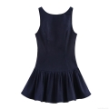 Women French Style Dark Blue Denim Texture Backless Mini Dress Sleeveless U-Neck Slim Fit A-Line Pleated Dress For Summer Party Date Daily Lady Wear