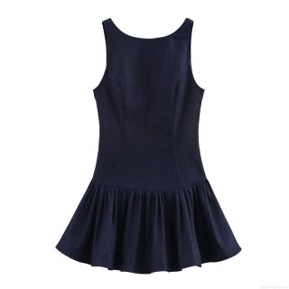 Women French Style Dark Blue Denim Texture Backless Mini Dress Sleeveless U-Neck Slim Fit A-Line Pleated Dress For Summer Party Date Daily Lady Wear