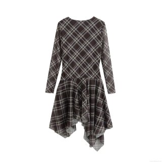 Women Mesh Plaid Long Sleeve Ruched Mini Dress Elegant Asymmetrical Hem Crew Neck Bodycon Sexy Party Clubwear Mesh Dress