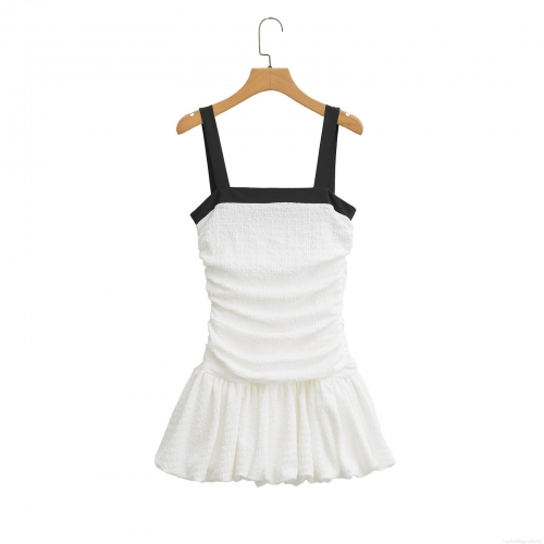 Women's Black and White Contrast Cami Balloon Dress Elegant Textured Pleated Sleeveless Mini Dress for Party Socialite Summer
