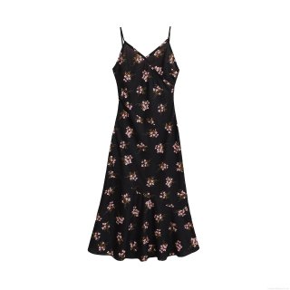 Women's Elegant Black Floral Print V-Neck Midi Dress Sexy Adjustable Spaghetti Strap Satin Cami Dress French Style A-Line Party Sundress
