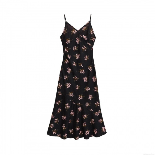 Women's Elegant Black Floral Print V-Neck Midi Dress Sexy Adjustable Spaghetti Strap Satin Cami Dress French Style A-Line Party Sundress