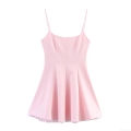 Elegant Pink Polyester Spaghetti Strap Mini Dress With Striped Patchwork Hem Sexy Sleeveless A-Line Party Clubwear For Women Girls Summer Fashion