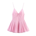 Women's Pink Striped Bow Decor Sleeveless Mini Dress Elegant V-Neck Cami Pleated Sundress for Summer Beach Party Outfits