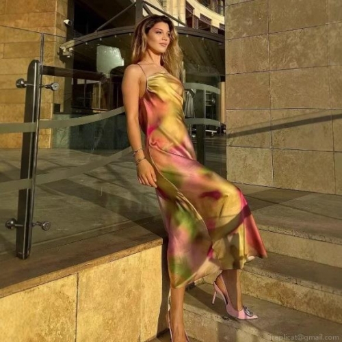 Sexy Backless Cowl Neck Satin Maxi Dress Multi-Color Tie-Dye Gradient Cross Strap Elegant Party Evening Vacation Long Dress for Women